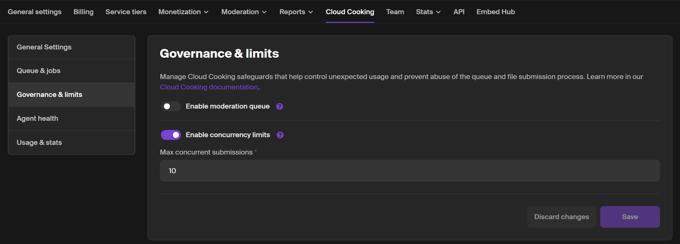 The Cloud Cooking governance and limits page, allowing for content moderation and concurrency toggling.