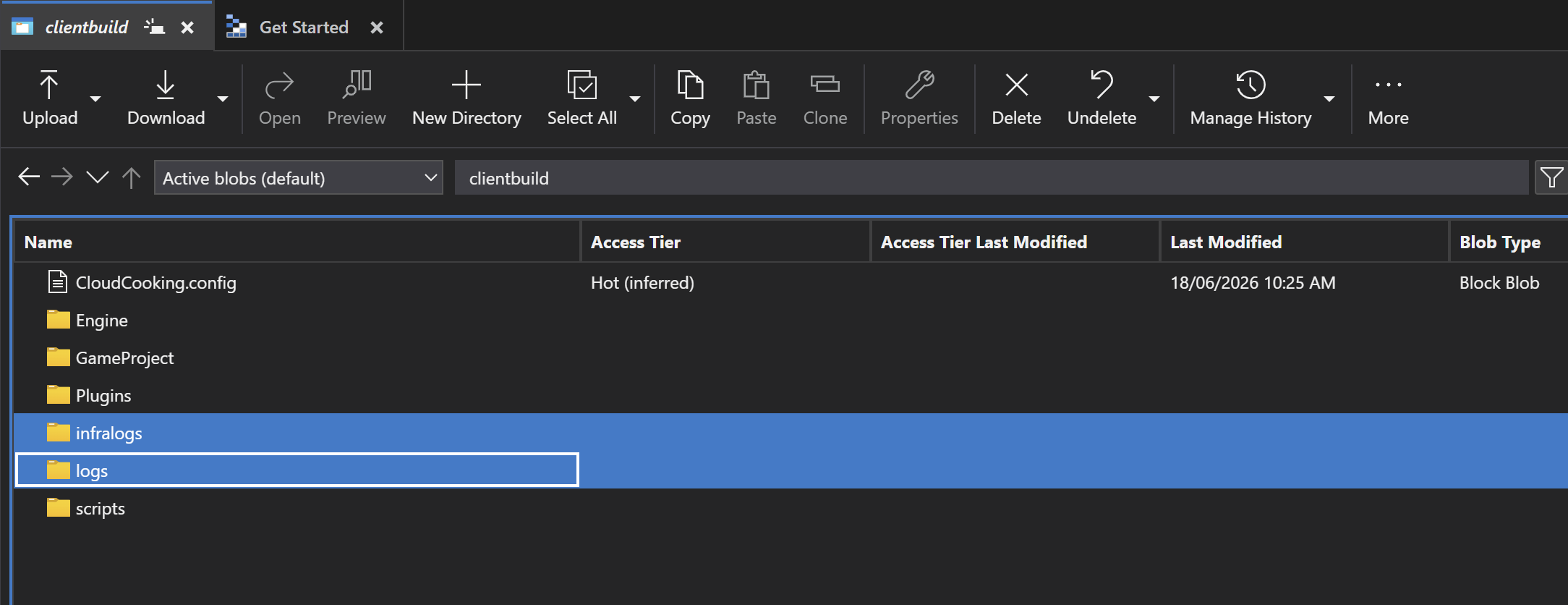 The Cloud Cooking storage account, holding both the cook job logs as well as infrastructure logs.