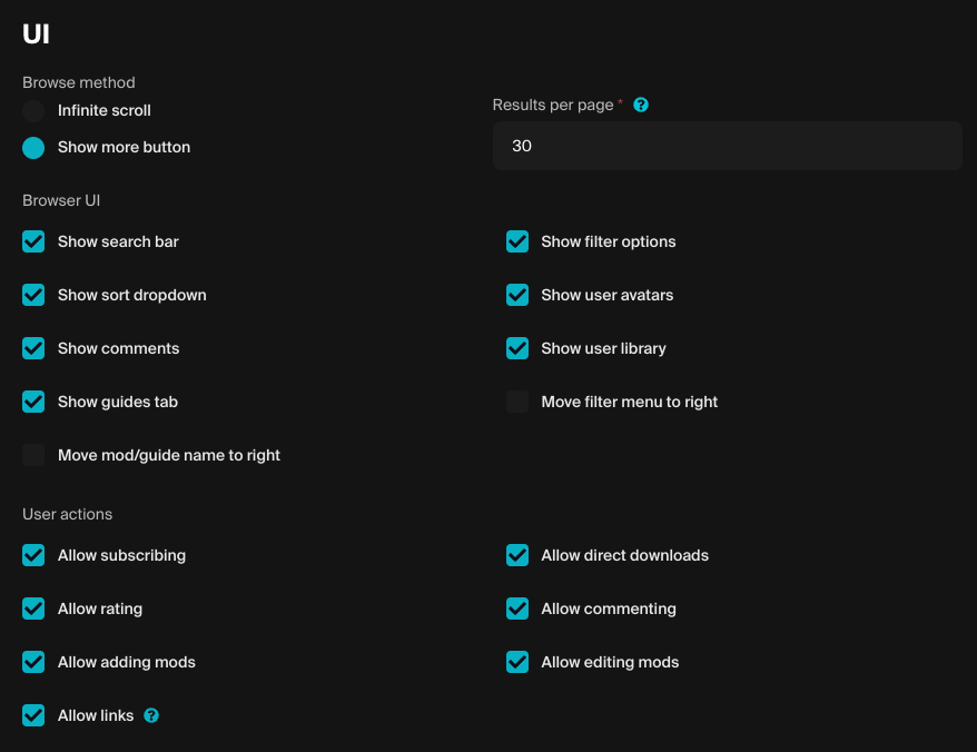 Embed Hub settings options