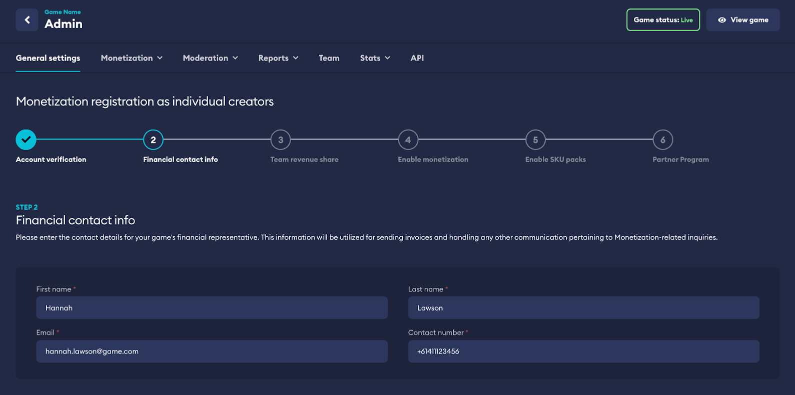 Team Financial Contact Example