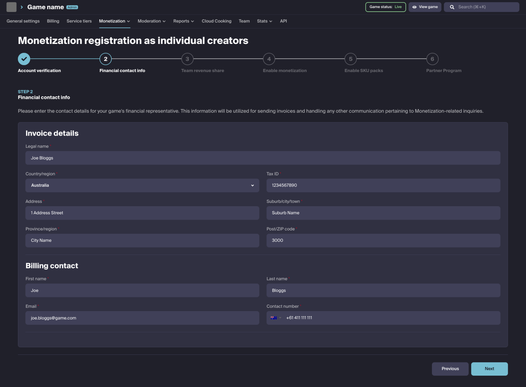 Team Financial Contact Example