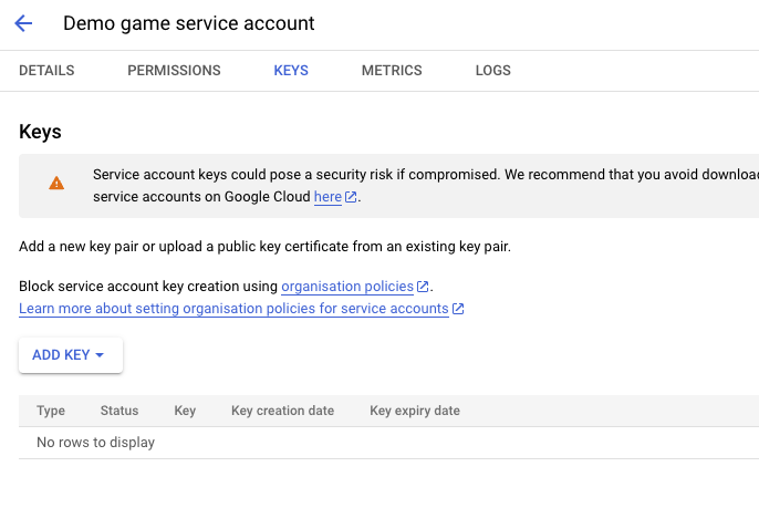 Create service account key