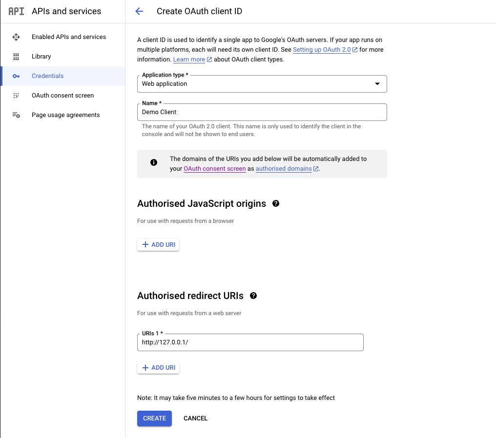 Google Cloud Console Oauth client configuration screen