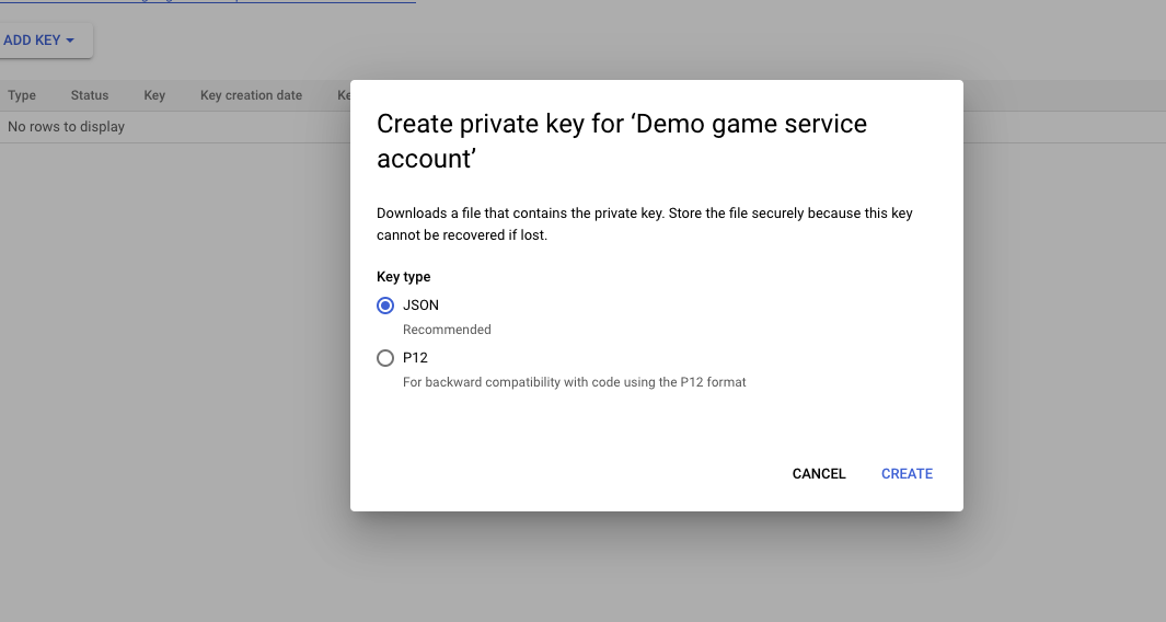 Create a key for the service account