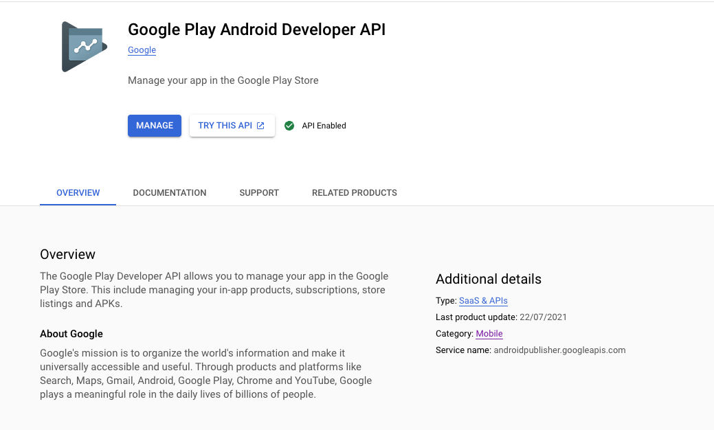 Enable play android developer API