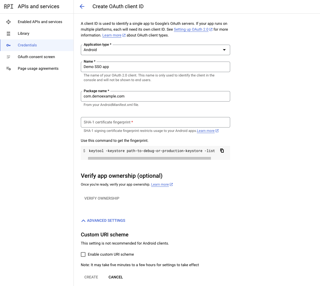 Google Cloud Console Android Oauth client configuration screen