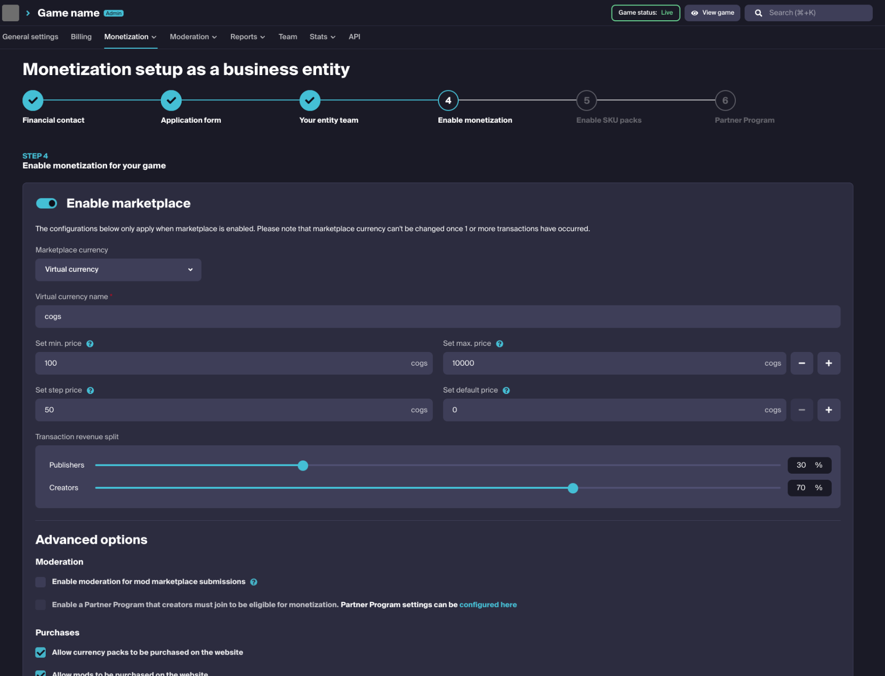 Marketplace Settings Flow