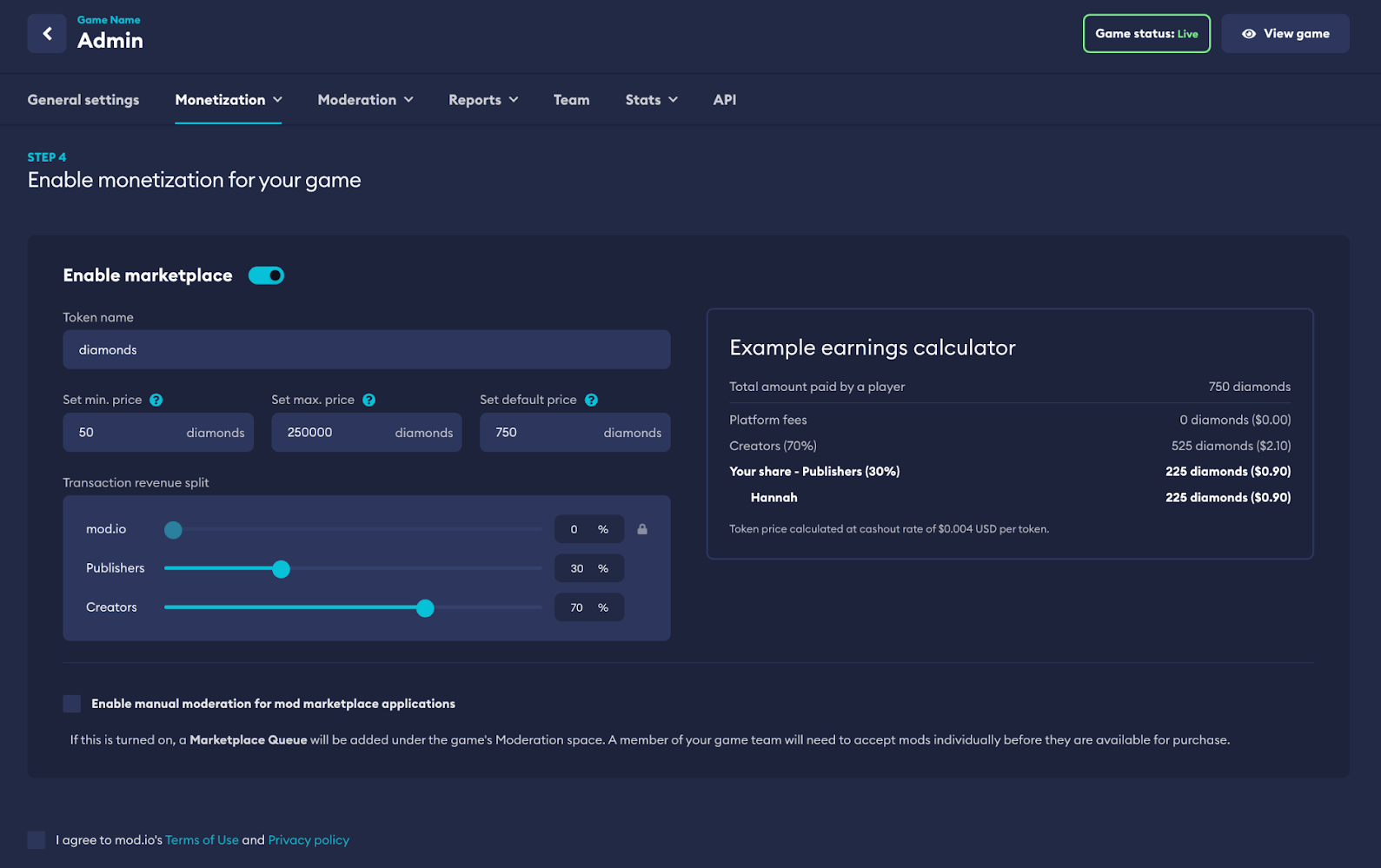 Marketplace Settings Flow