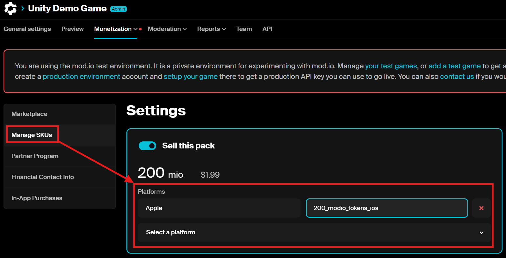 mod.io SKU Settings