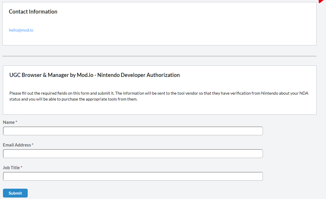 Screenshot of the contact form used for NDA verification via the Nintendo Dev Portal
