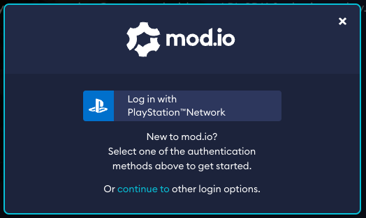 PlayStation Network log in interface available in the mod.io web UI