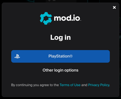 PlayStation log in interface available in the mod.io web UI