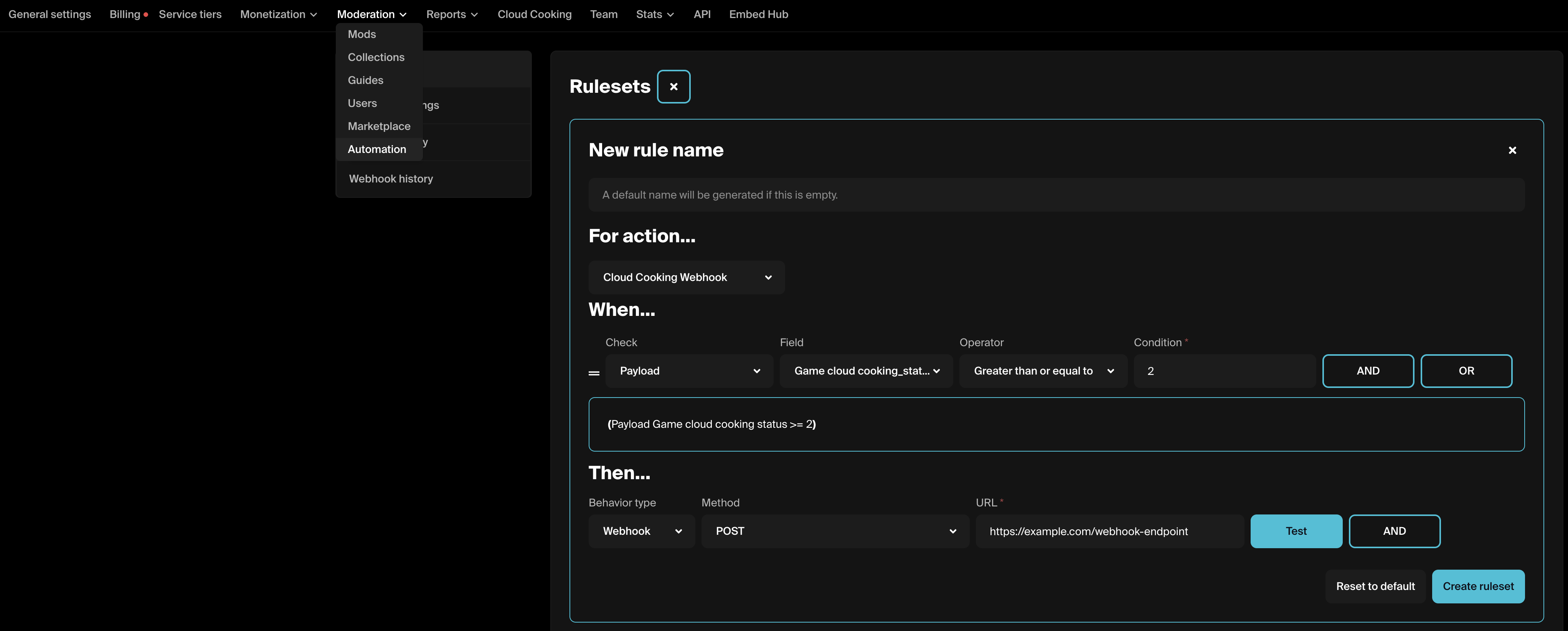 Rules Engine Cloud Cooking Webhook