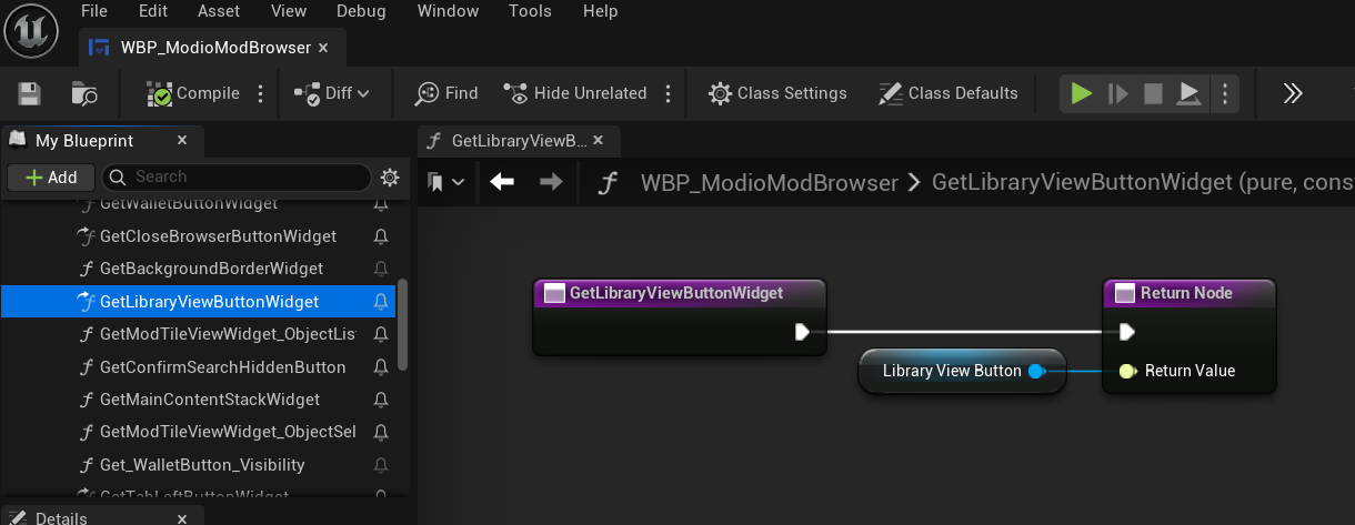 LibraryViewButton getter function and BP graph