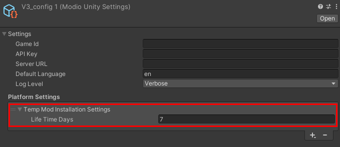 config object with 7 life time days set for temp mods highlighted