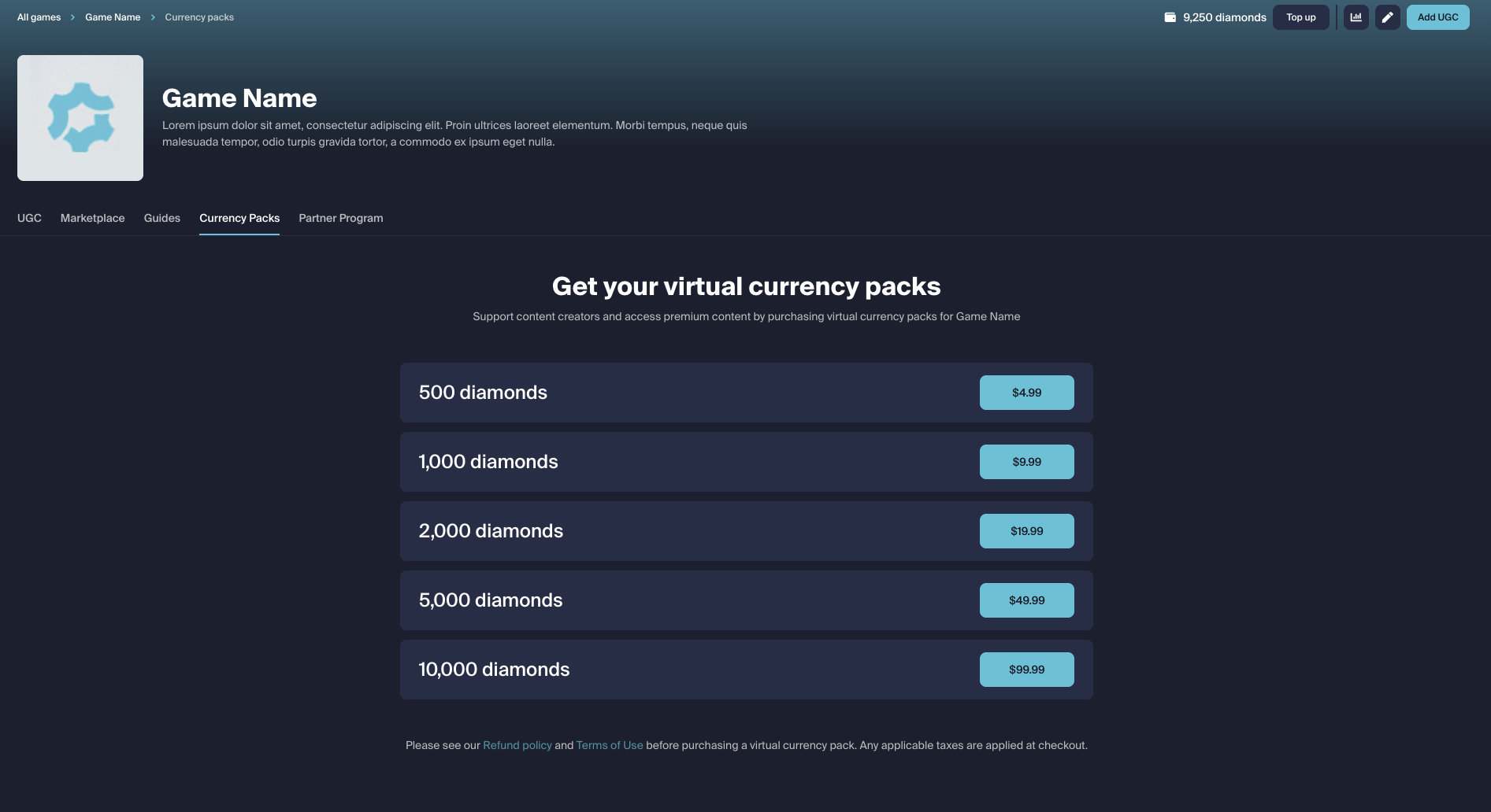 Virtual Currency Pack Listing Page