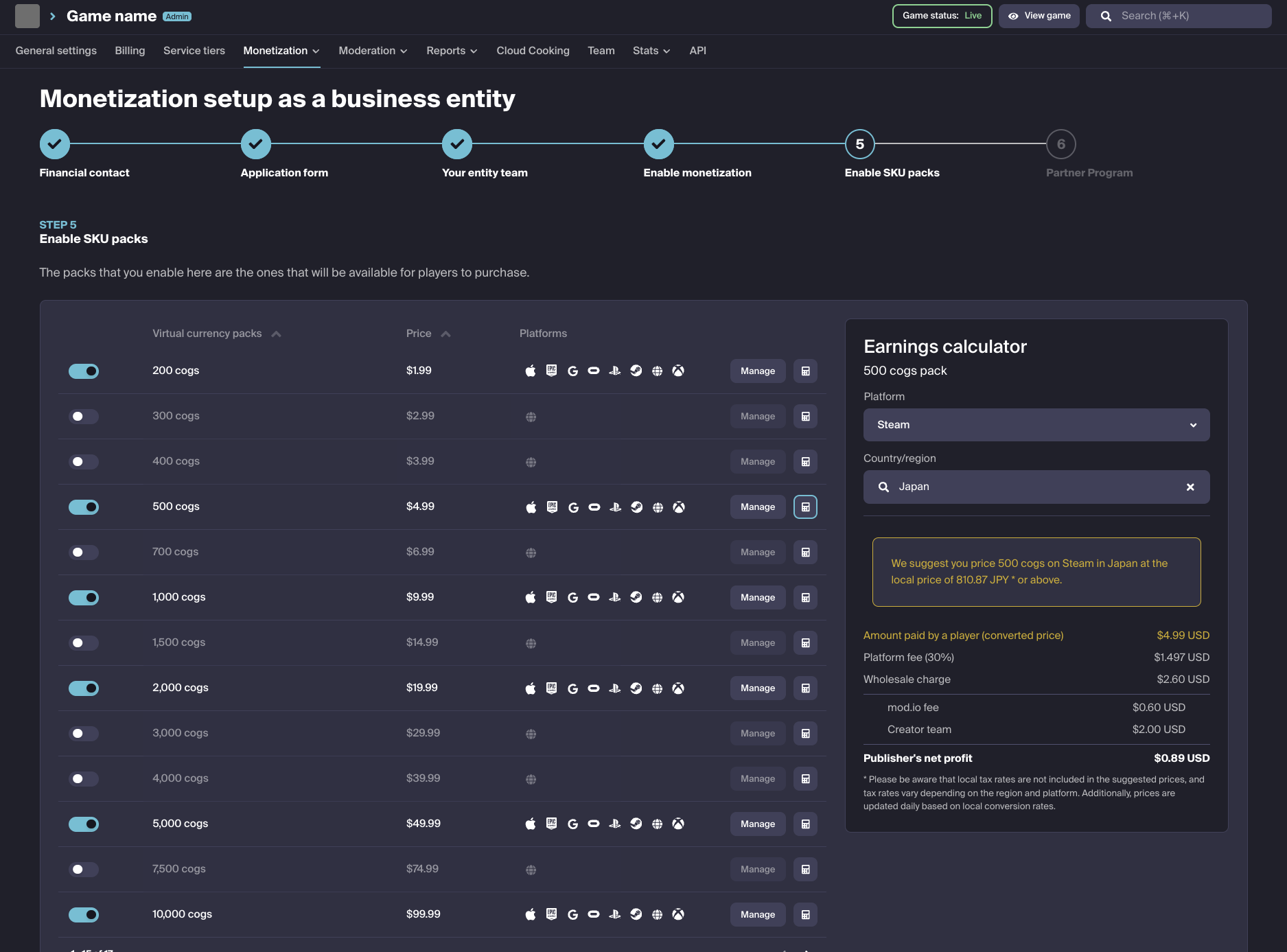 Virtual Currency Pack Settings Flow