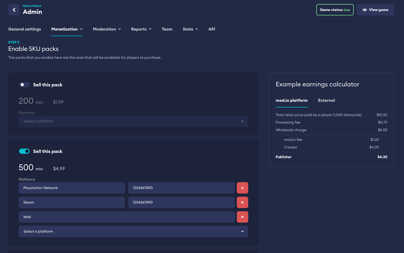 Virtual Currency Pack Settings Flow