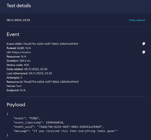 Rules Engine webhook details