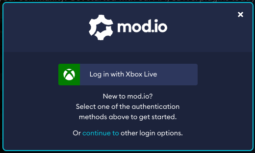 Xbox Live log in interface available in the mod.io web UI
