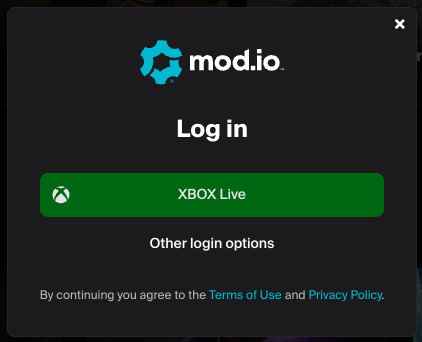 XBOX Live log in interface available in the mod.io web UI