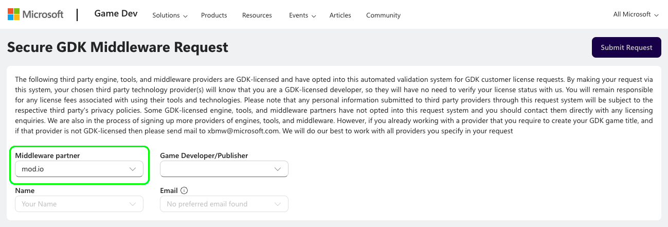 Middeware Request form used for GDK resource access via the Xbox Game Dev Portal